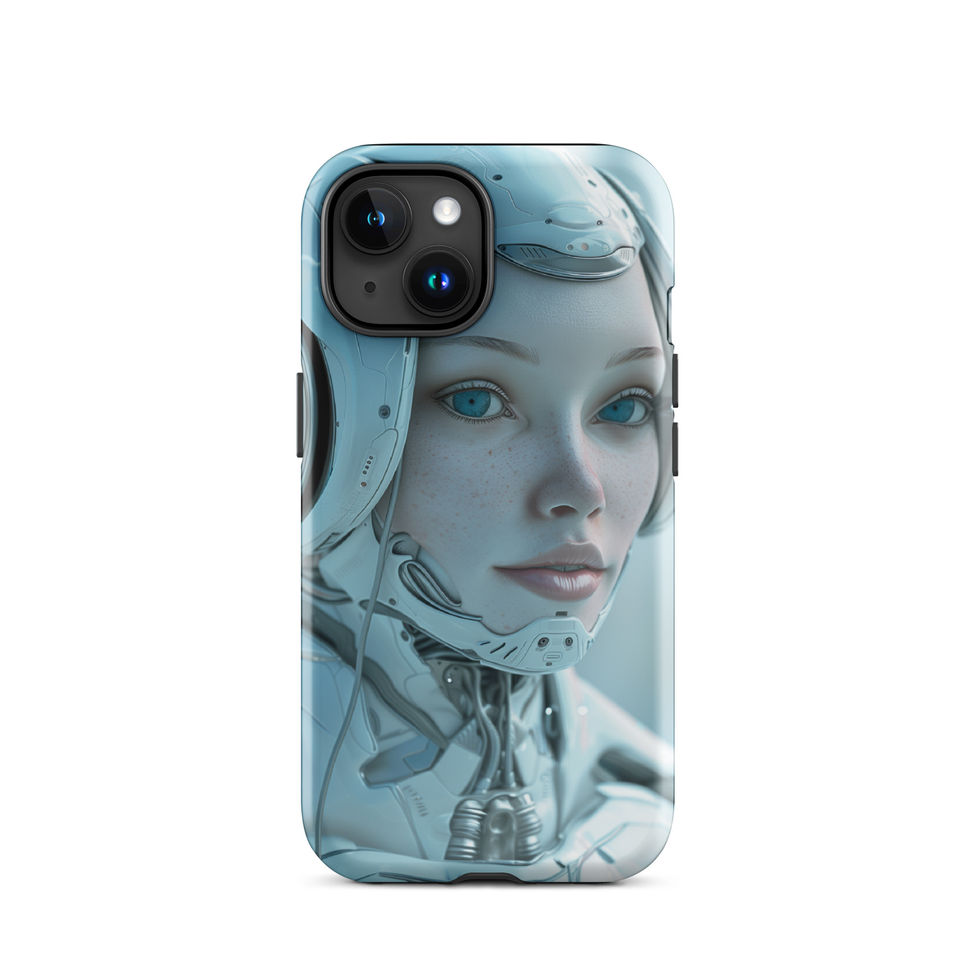 Pearl-silver AI muse with calm luminous eyes; close-up detail on an iPhone® Tough Case.