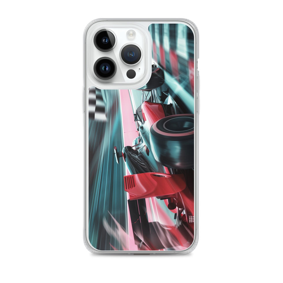 Finish Line Fury Clear case for iPhone 14 Pro Max, red race car and teal streaks, phone and case on white