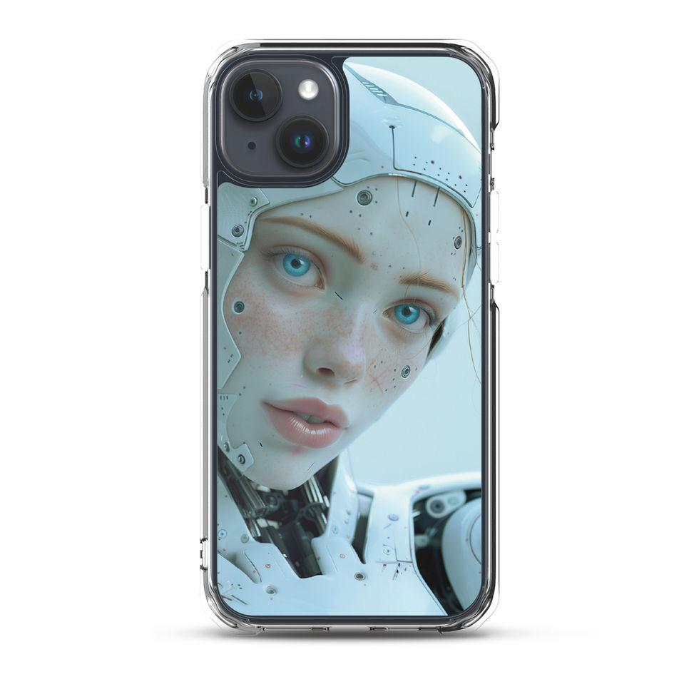 AI Serenity science-fiction portrait on a slim clear iPhone case – front product view
