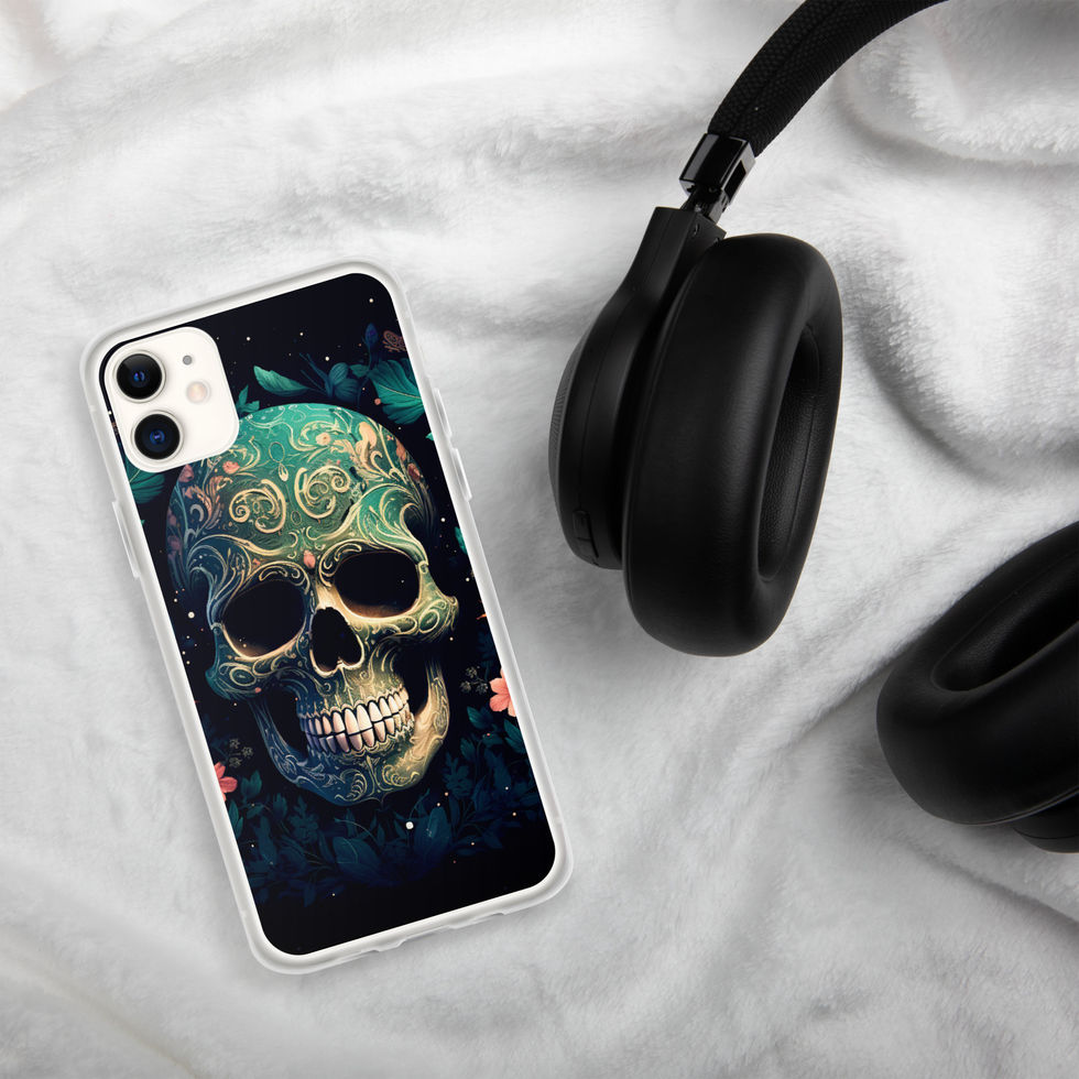 Emerald Requiem clear iPhone case showing teal and gold ornament across the phone case back