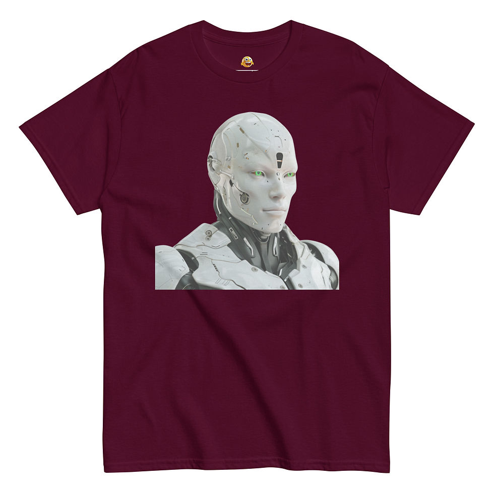 Cyber Sage: burgundy unisex classic T-shirt with white robot with rounded shoulder armour