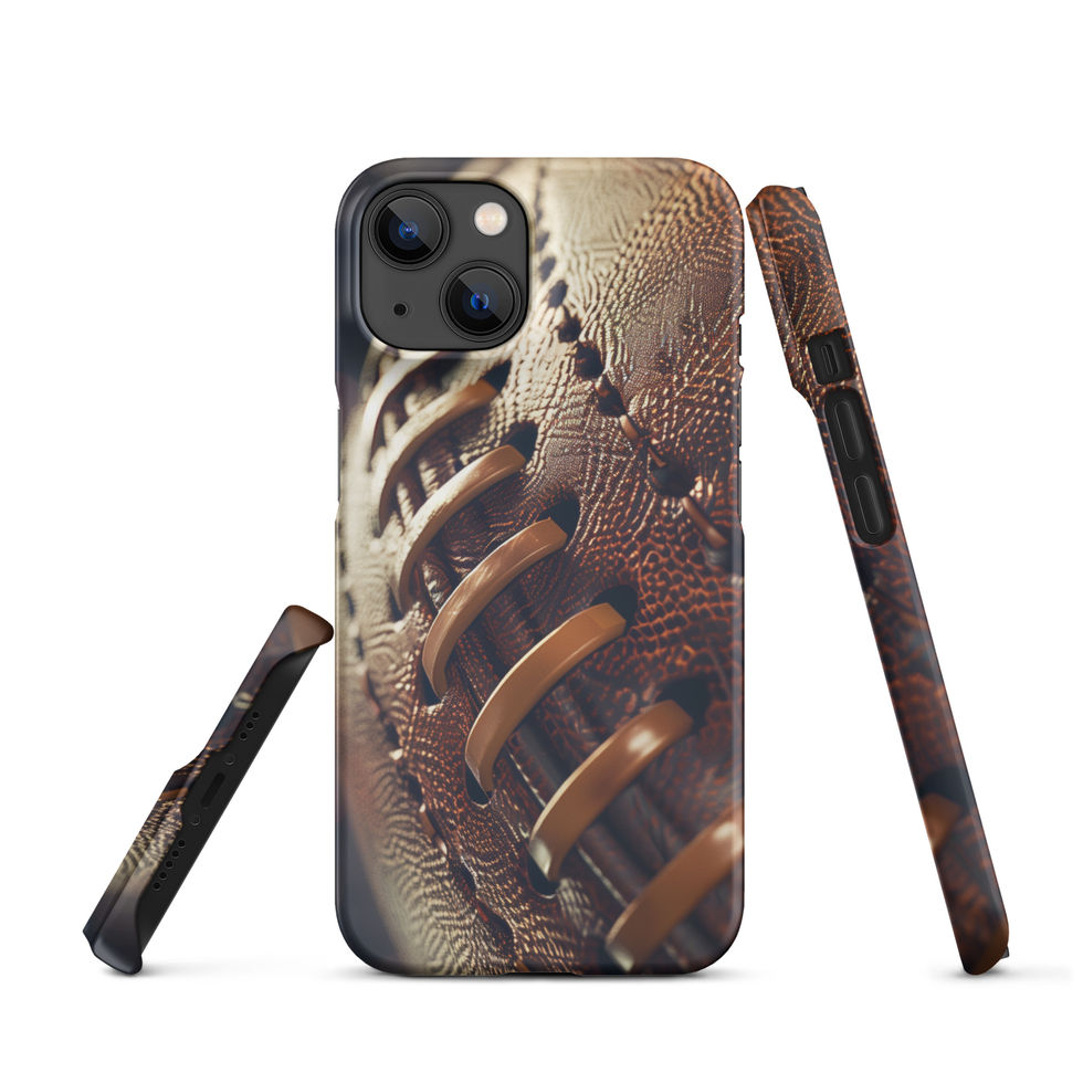 Stadium Lights Snap case for iPhone 14, worn football artwork and golden laces, rear and side views on white