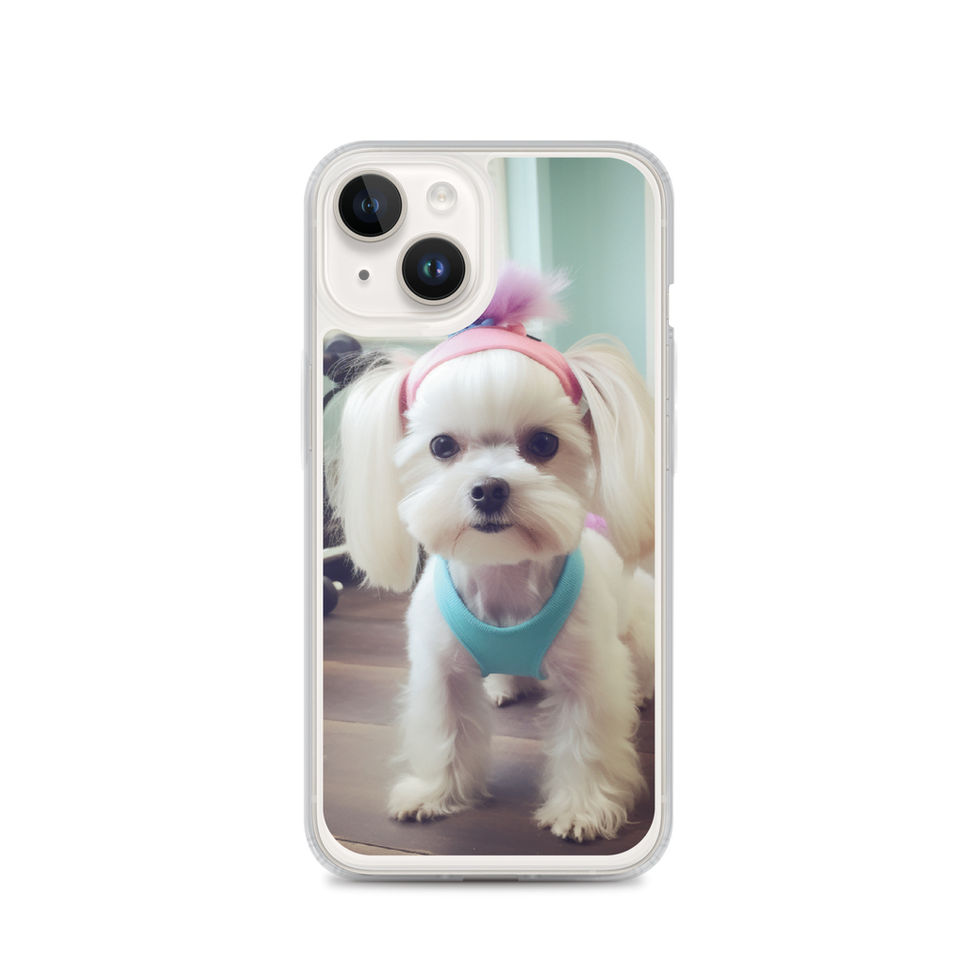 Fit Pup gym dog clear iPhone case — camera-side detail in bright lifestyle scene