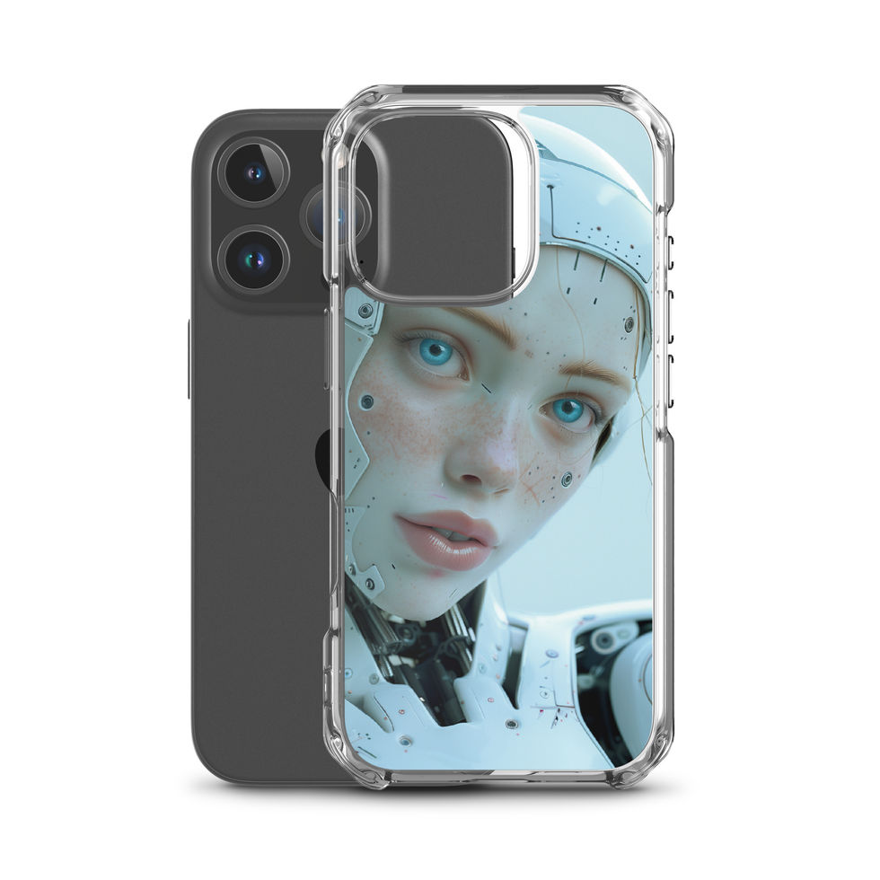Calm blue-eyed android artwork on a clear protective phone shell – clear-edge phone case preview