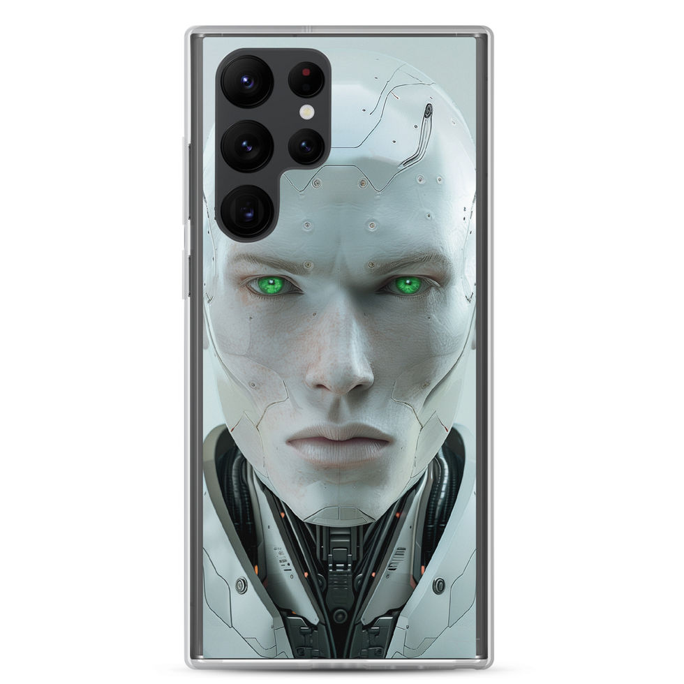 green-lit humanoid machine on Samsung clear protective case, upright studio product view