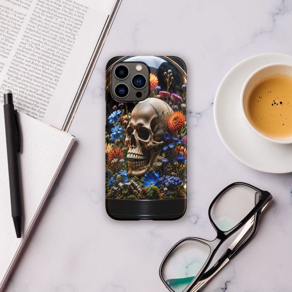 Floral Requiem Snap iPhone case showing blue flowers below an ivory skull
