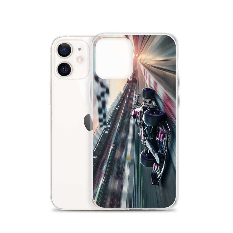 Midnight Velocity Clear case for iPhone 12, race car and night lights, rear view on white