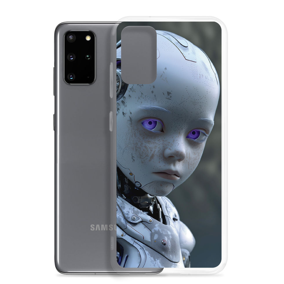 Clear Samsung case featuring a porcelain-silver AI child portrait