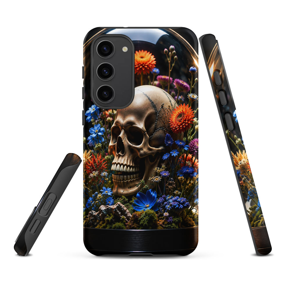 Floral Requiem Tough Samsung case showing cream skull nestled among colourful petals