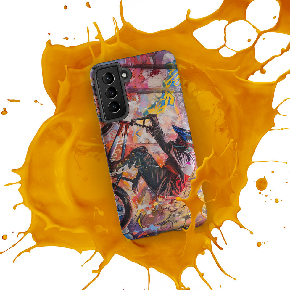 Graffiti Grind Tough case for Galaxy S21, BMX rider amid pink and yellow graffiti, orange paint splash