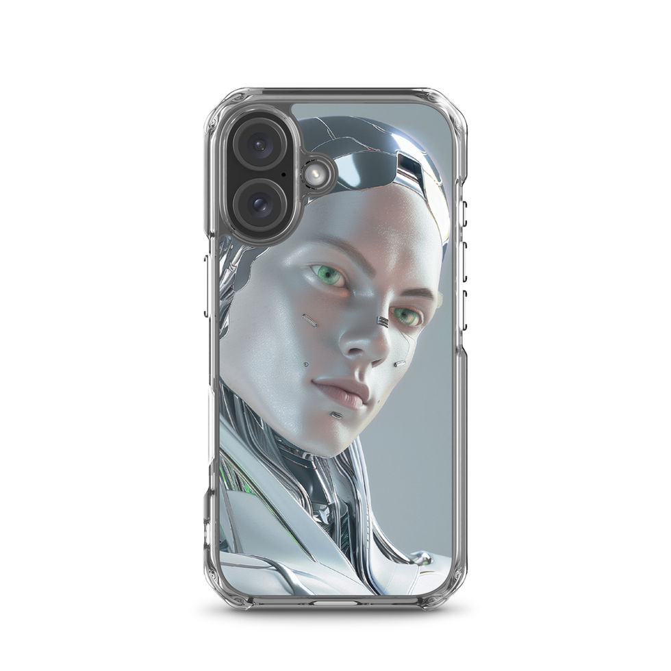 Cybernetic Elegance clear iPhone case with pale silver humanoid portrait on a full back mockup