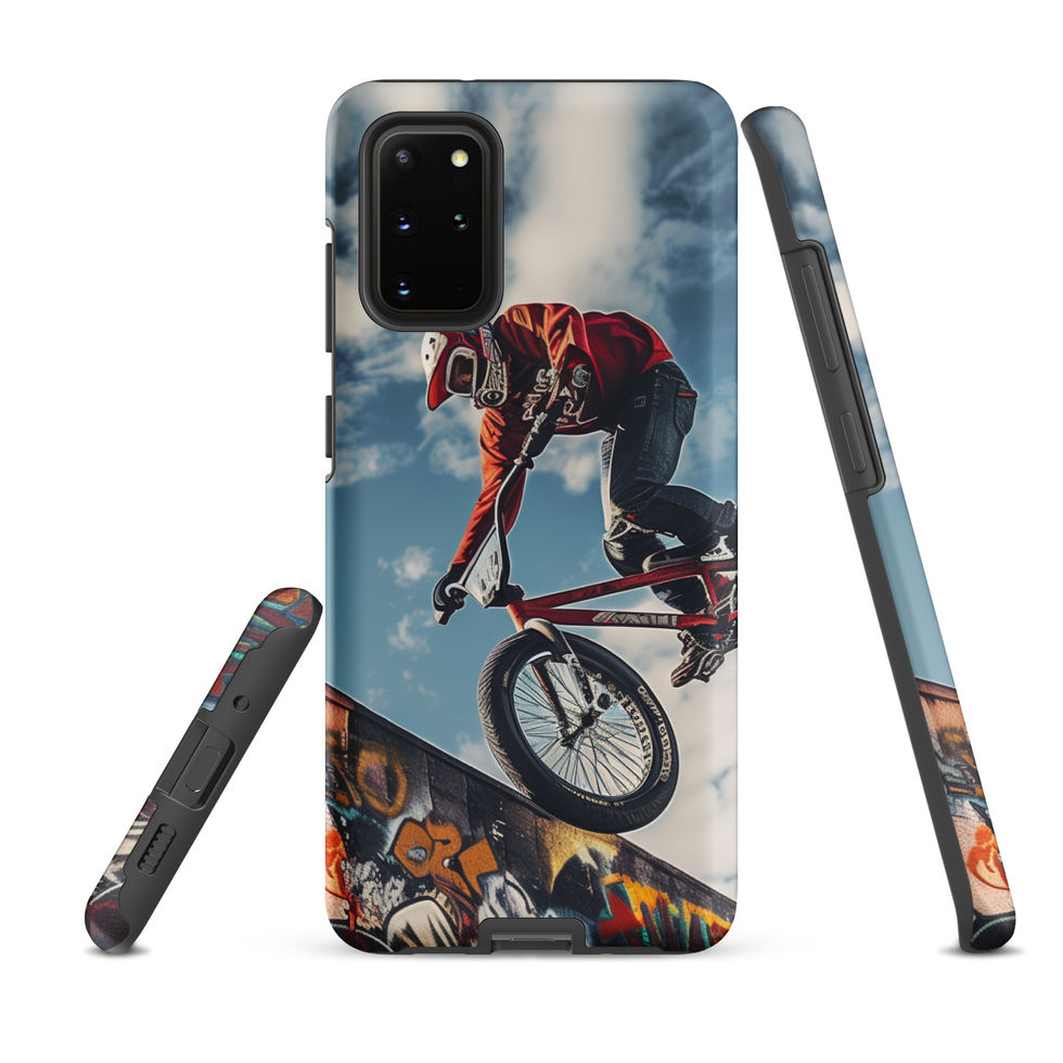 Graffiti Air Tough case for Galaxy S20 Plus, BMX rider above graffiti ramp, rear and side views on white