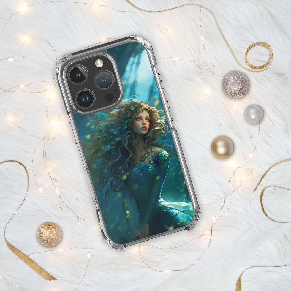 Ocean Enchantress clear iPhone case on pale marble with gold accents, showing an underwater face beneath bands of light.