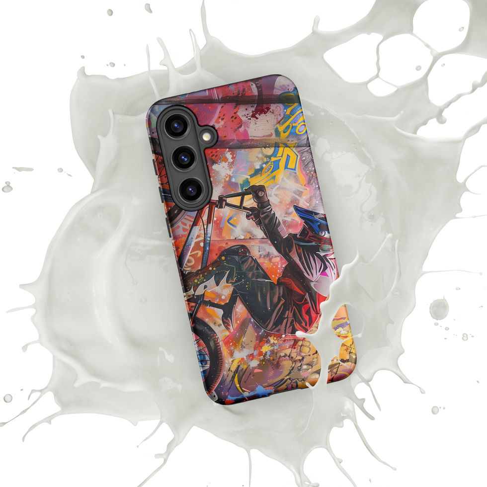 Graffiti Grind Tough case for Galaxy S24 Plus, BMX rider amid pink and yellow graffiti, white paint splash