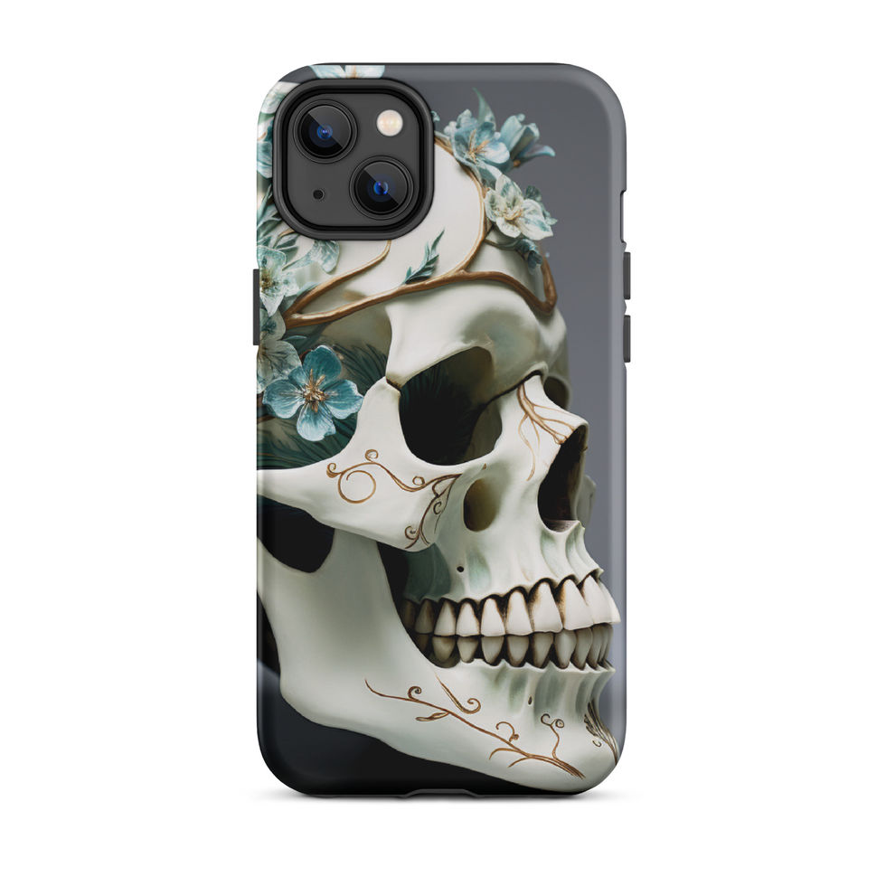 iPhone tough case displaying teal blossoms showing a pale skull and curling floral accents