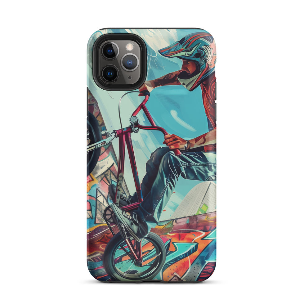 Urban Freestyle Tough case for iPhone 11 Pro Max, BMX rider and colourful graffiti, rear view on white background