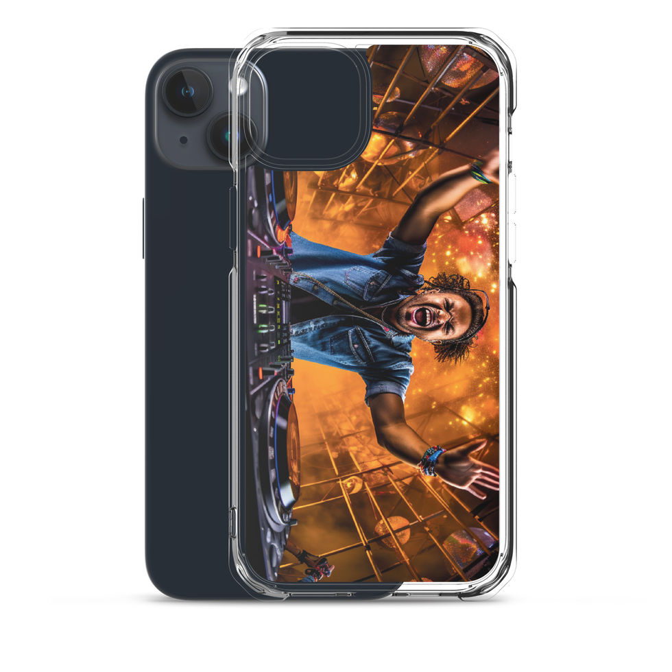 Cosmic DJ clear iPhone case with orange-and-blue DJ art, gallery image 33 of 50