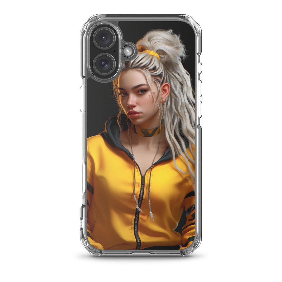 Printed back of Neon Rebellion iPhone clear case showing graphic black sleeve details