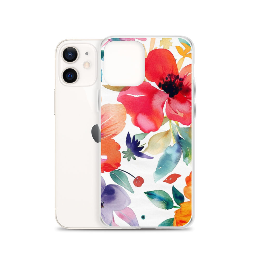 Pastel Petal Drift clear case for iPhone 14, featuring soft pink flowers and airy green foliage