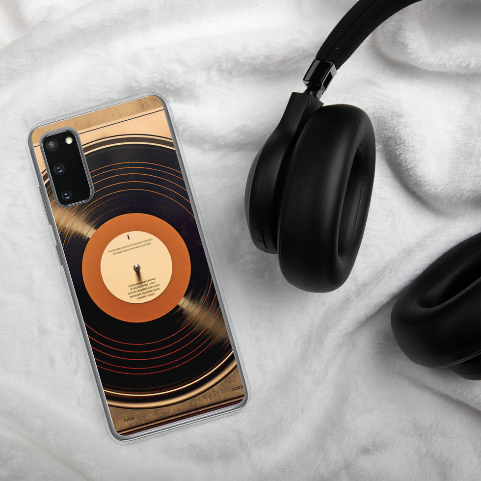 Vintage Vibes clear Samsung phone case lifestyle view beside over-ear headphones, image 9.