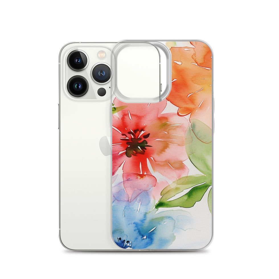 Bloom Riot floral clear case for iPhone 13 Pro, angled side view