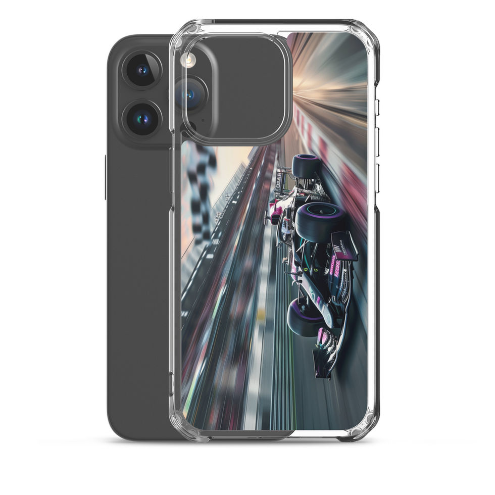 Midnight Velocity Clear case for iPhone 15 Pro Max, race car and night lights, rear view on white