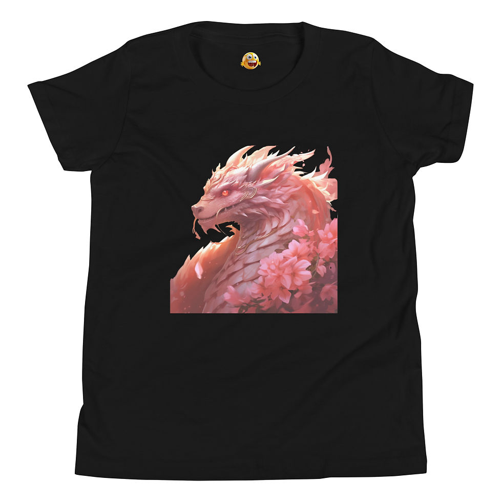 Sakura Majesty: black youth short-sleeve T-shirt with a pink dragon among cherry blossoms