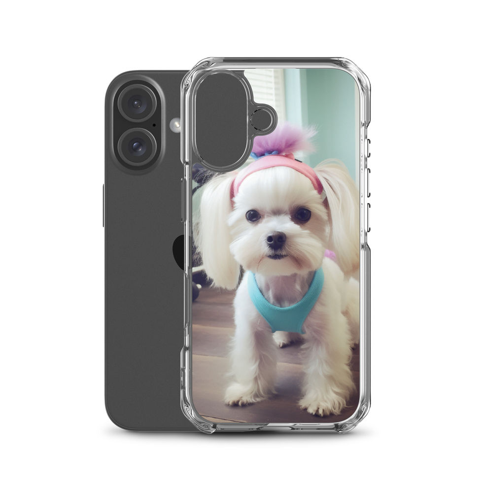 Fit Pup gym dog clear iPhone case — bottom-edge detail in dark lifestyle scene