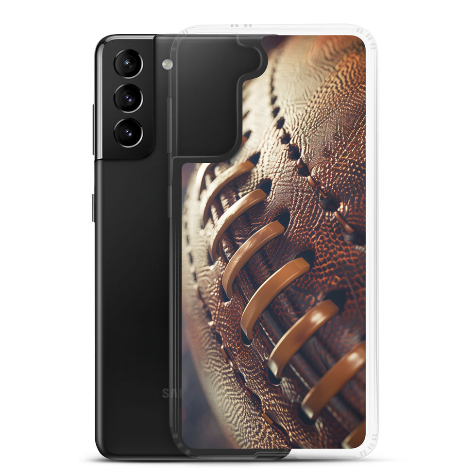 Stadium Lights Clear case for Galaxy S21 Plus, football artwork and golden laces, phone and case on white