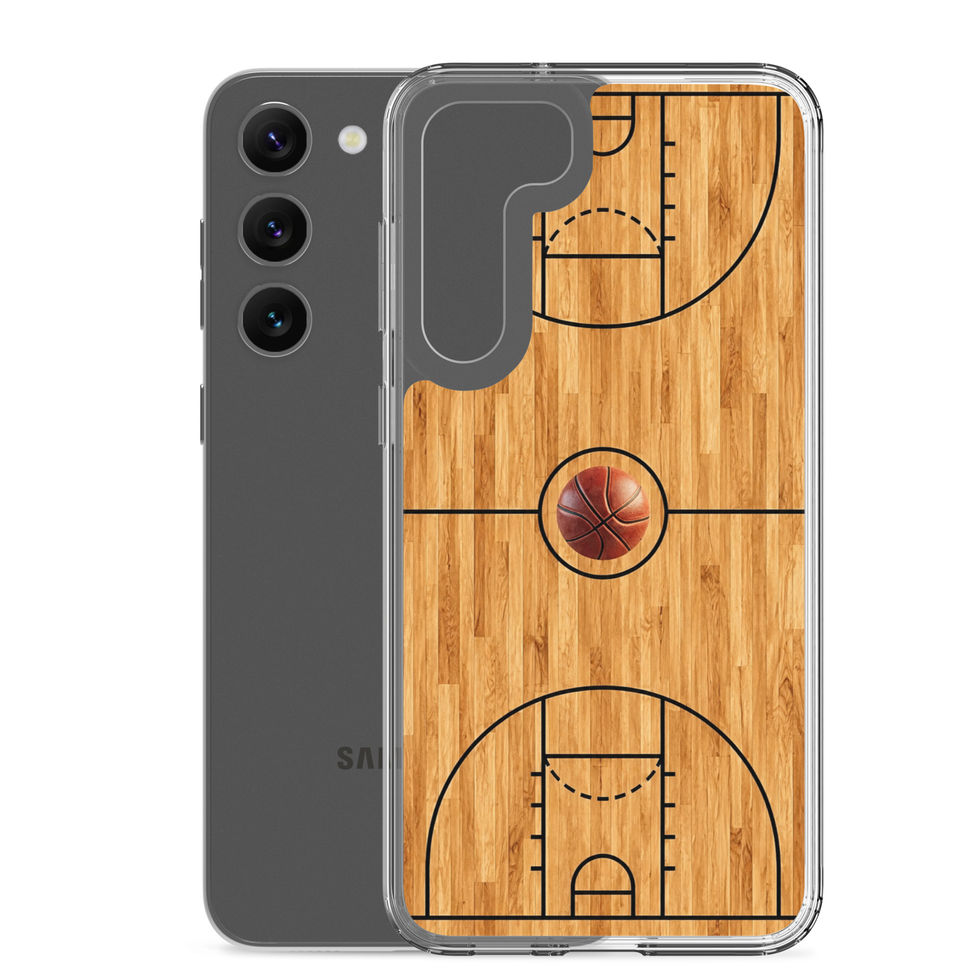 Grain & Game Clear case for Galaxy S23 Plus, wood court and centre basketball artwork, phone and case on white