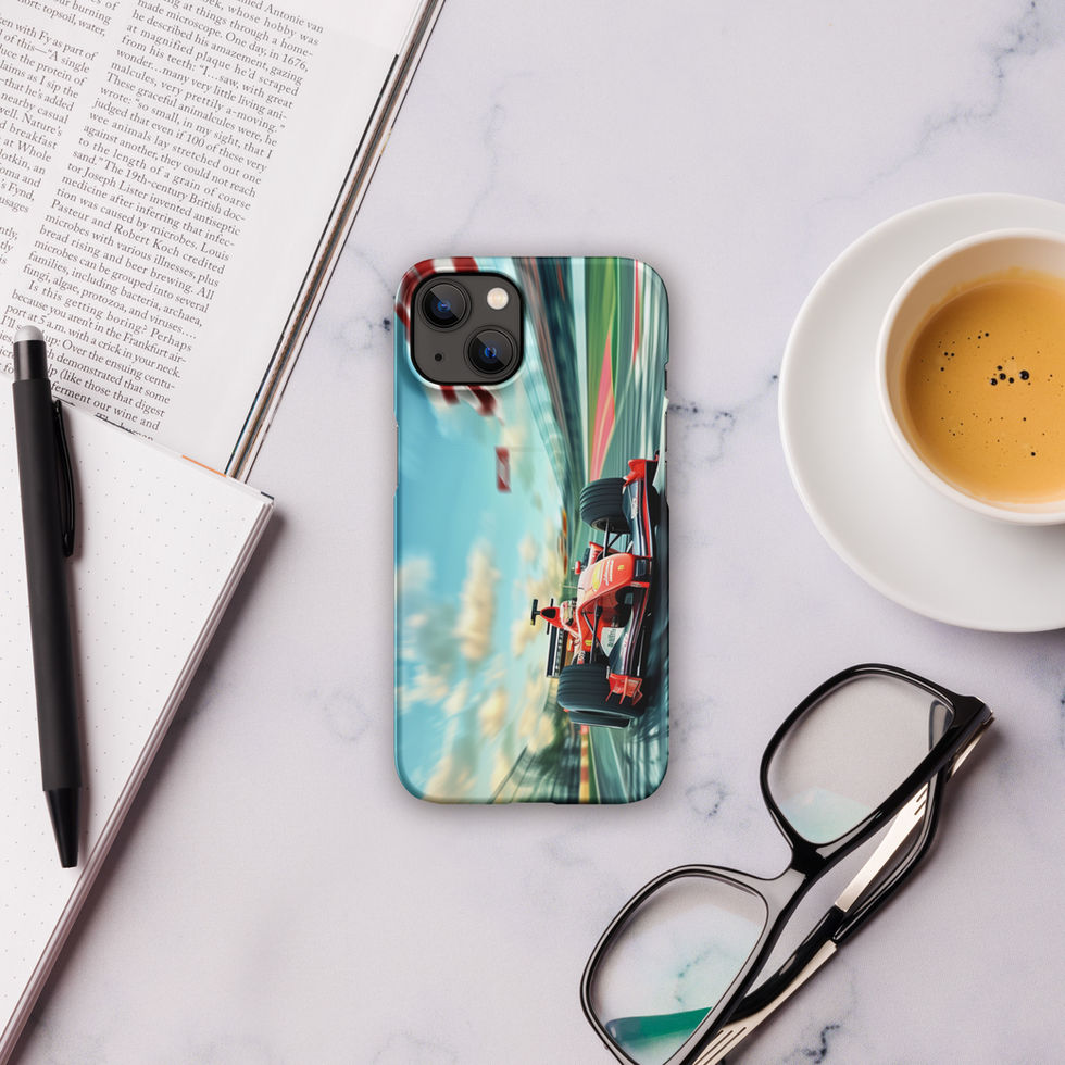 Pole Position Snap case for iPhone 13, red racing car on green track, light desk with coffee, book and glasses
