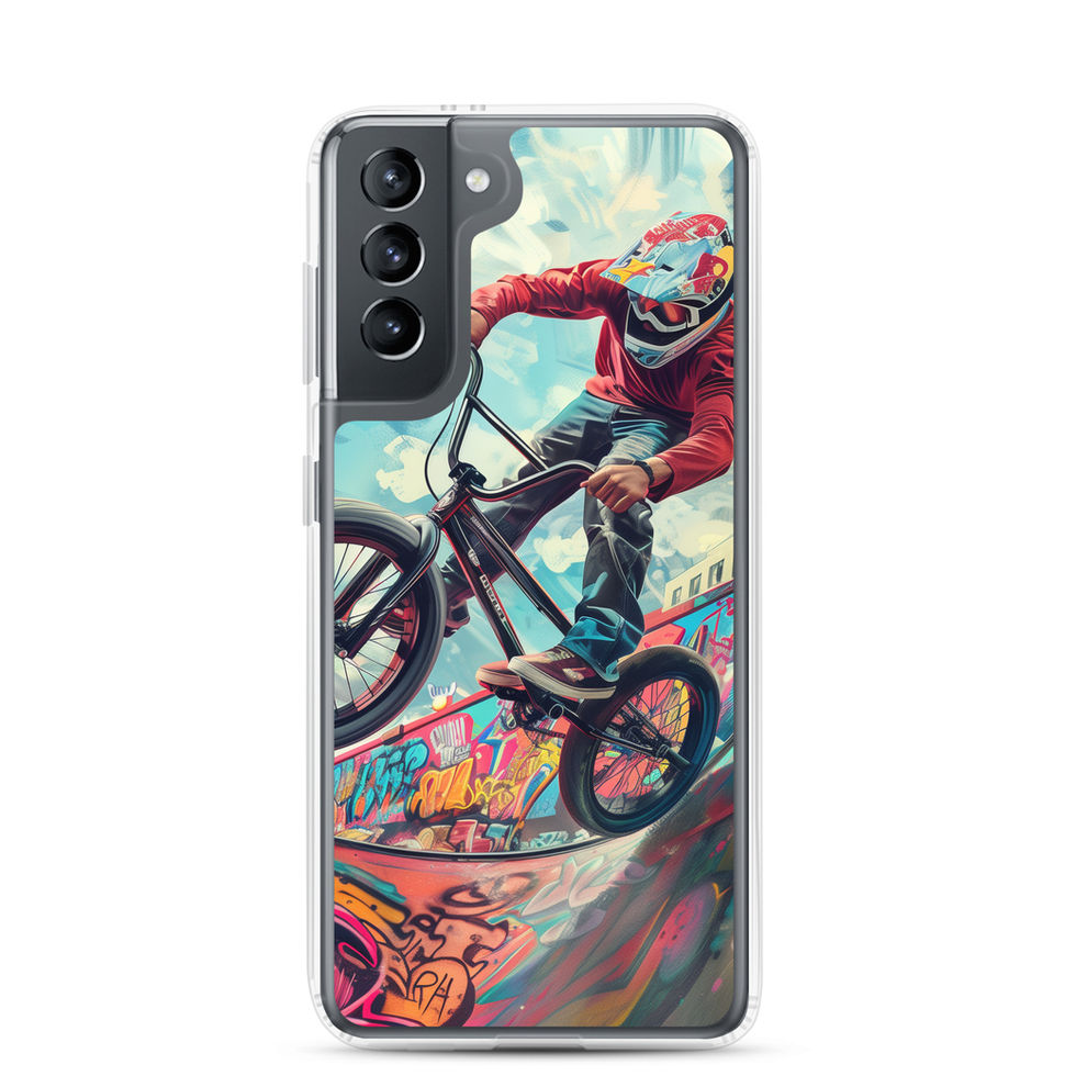 Urban Thrill Clear case for Galaxy S21, BMX rider above graffiti ramp, rear view on white background