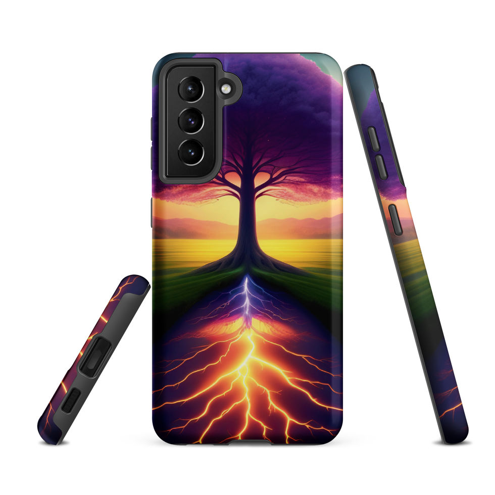 Ethereal Roots tough Samsung case with magenta sky behind a slender tree trunk.