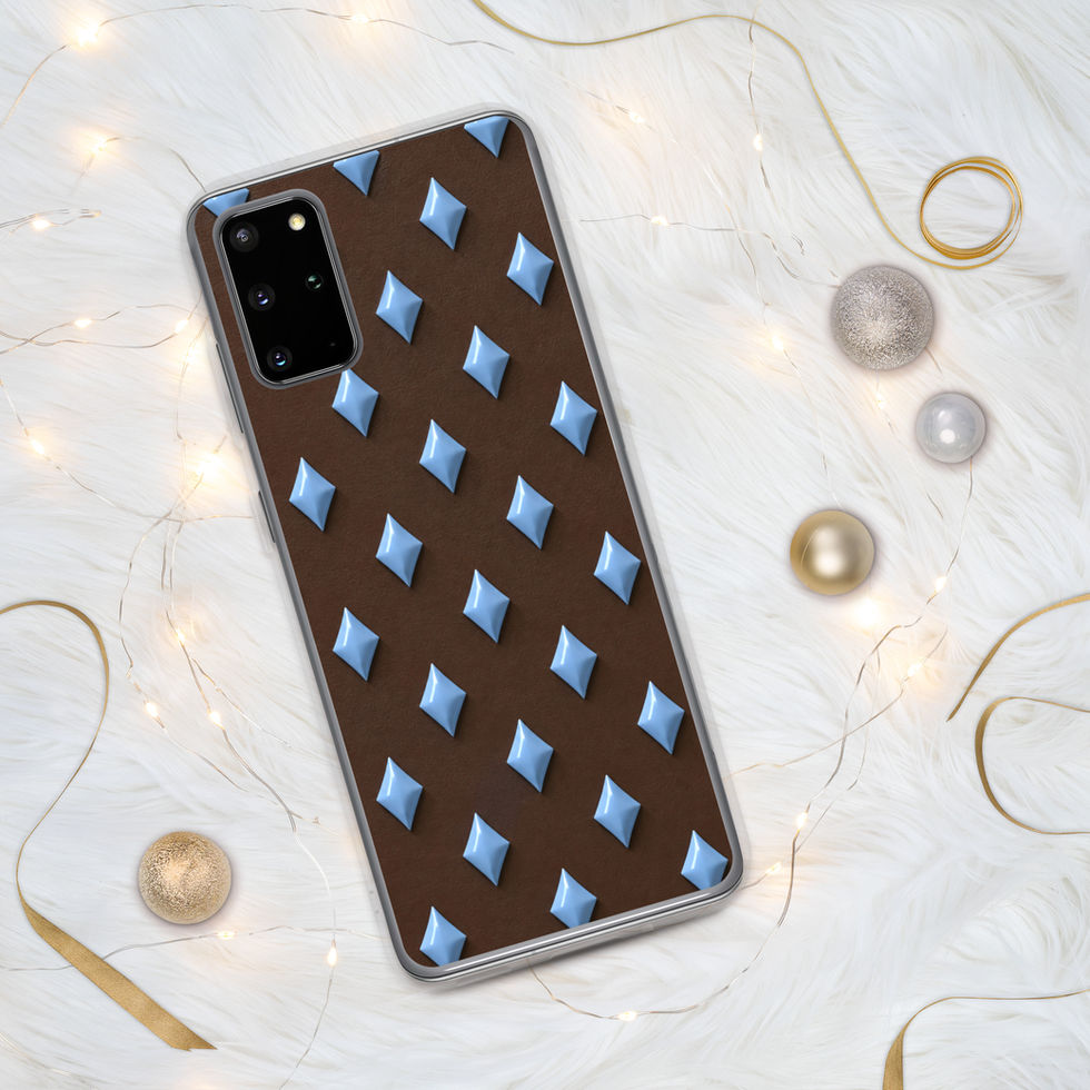 Cocoa Sky Diamonds clear case for Samsung Galaxy S20 Plus, sky blue diamond pattern on cocoa brown with transparent edges