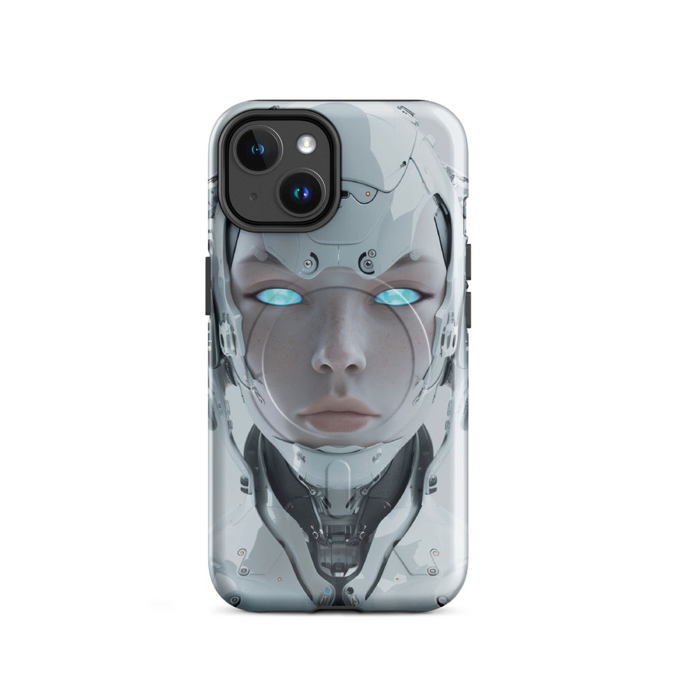 Centred robot portrait with angular forehead armour; front product view on an iPhone® MagSafe Tough Case.