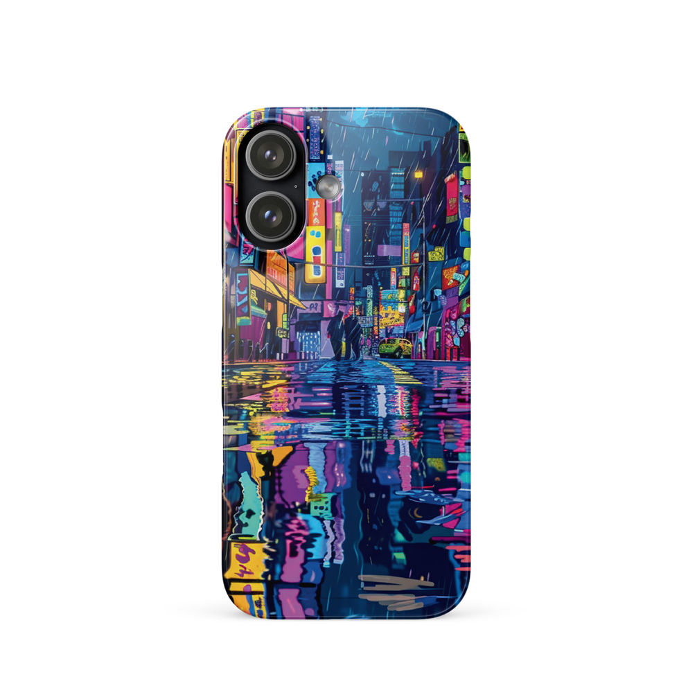 Neon Rain snap case for iPhone displaying rain-soaked city street glowing with blue, pink and yellow lights.