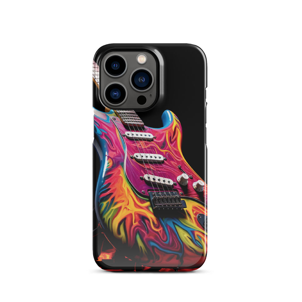 Flaming Riffs slim iPhone Snap Case on a wristwatch desk scene, featuring the flame-wrapped guitar artwork, image 11.