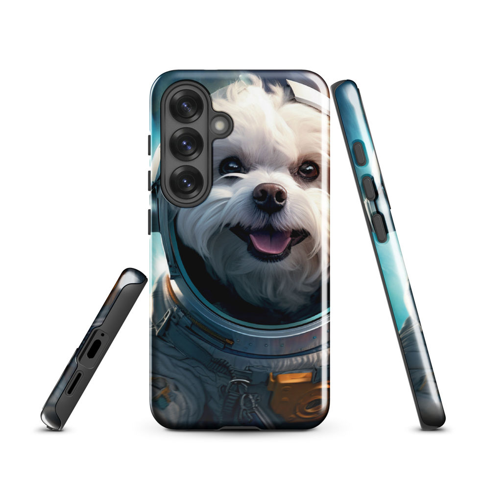 Cosmo Pup galaxy dog Samsung tough case โ right-angle profile in bright lifestyle scene