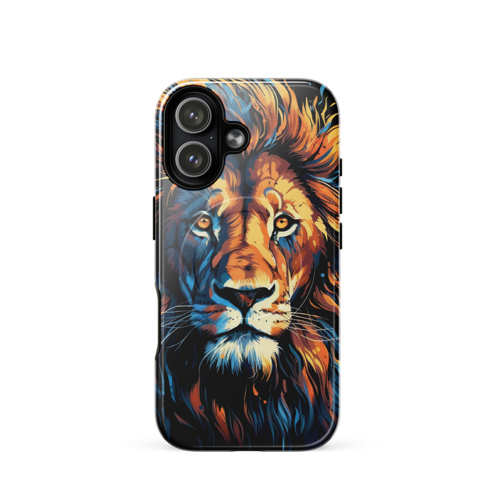 Regal Inferno regal lion artwork on a MagSafe iPhone case — front view in clean studio lighting