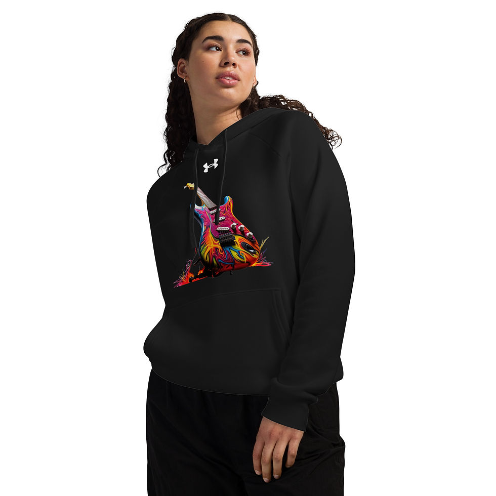 Flame Burst: black Under Armour hoodie with pink electric guitar amid flames, model turned