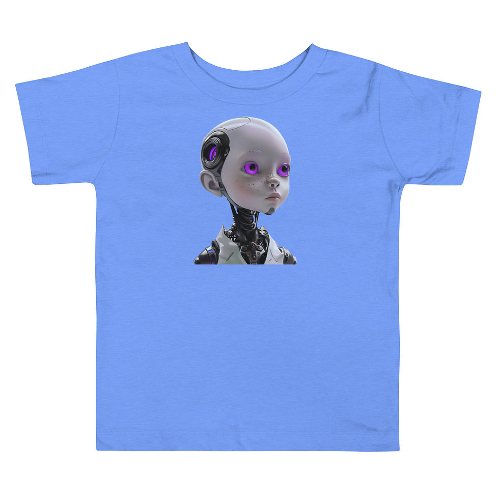 Futuristic Dreamer: blue short-sleeve toddler T-shirt with a pale robot portrait with purple eyes