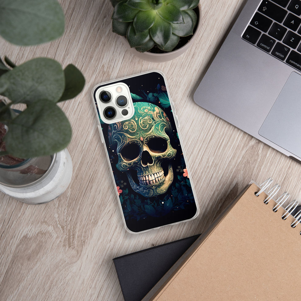 Emerald Requiem clear iPhone case showing the central skull design filling the case