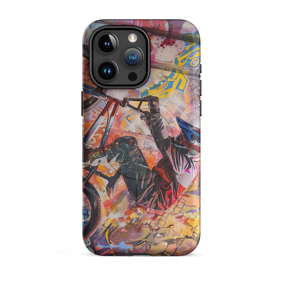 Graffiti Grind MagSafe Tough case for iPhone 15 Pro Max, BMX rider amid pink and yellow graffiti, rear view on white