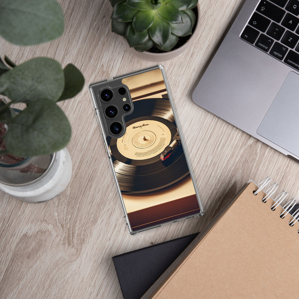 Golden Grooves clear Samsung phone case modern workspace mockup with the case lying flat, image 48.