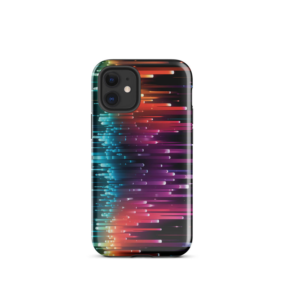 Neon Pulse protective iPhone Tough Case on a plant-filled office, featuring the glowing rainbow rhythm artwork, image 5.