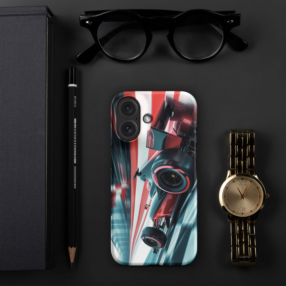 Podium Pursuit Snap case for iPhone 16, red race car and track streaks, black desk with glasses and watch