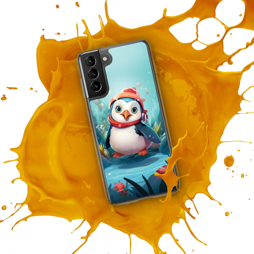Aquatic penguin-mockup-13 showing Aqua Explorer artwork on a Samsung clear phone case