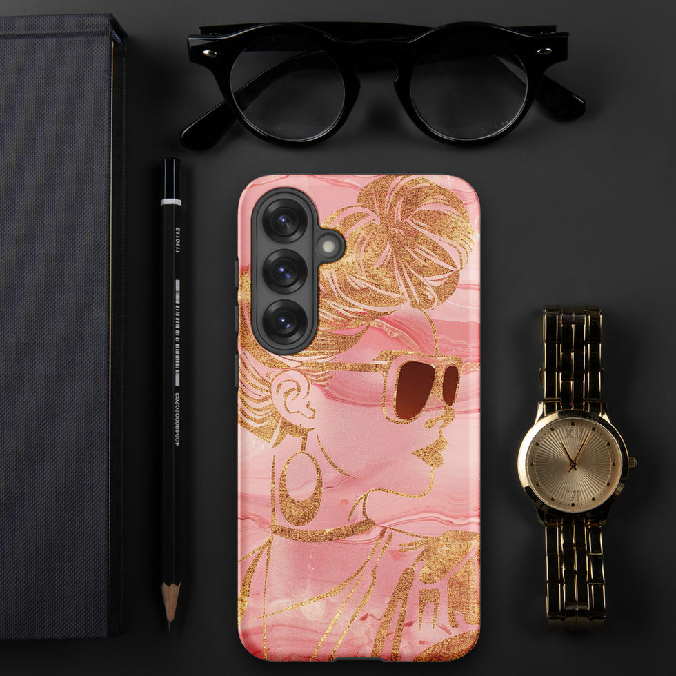 Golden Luxe tough Samsung case with blush floral artwork beside black glasses and a gold watch.