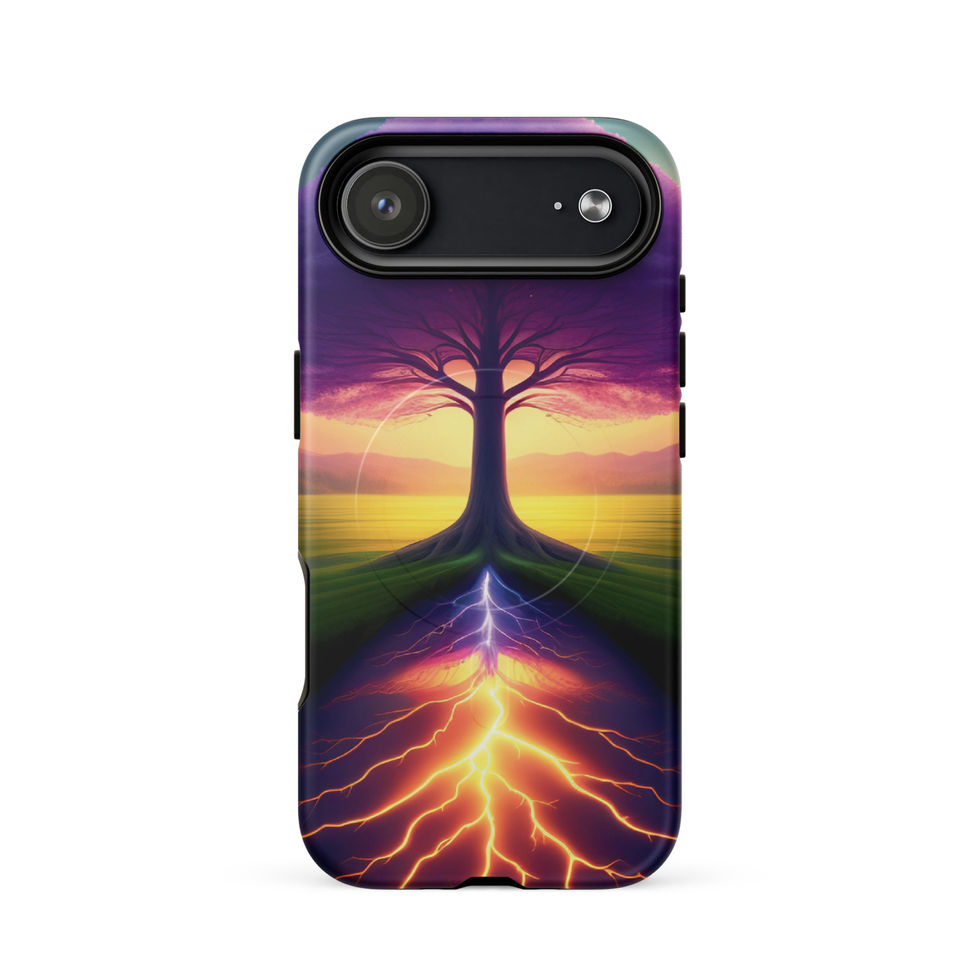 Ethereal Roots MagSafe iPhone case with purple foliage contrasted with orange light.