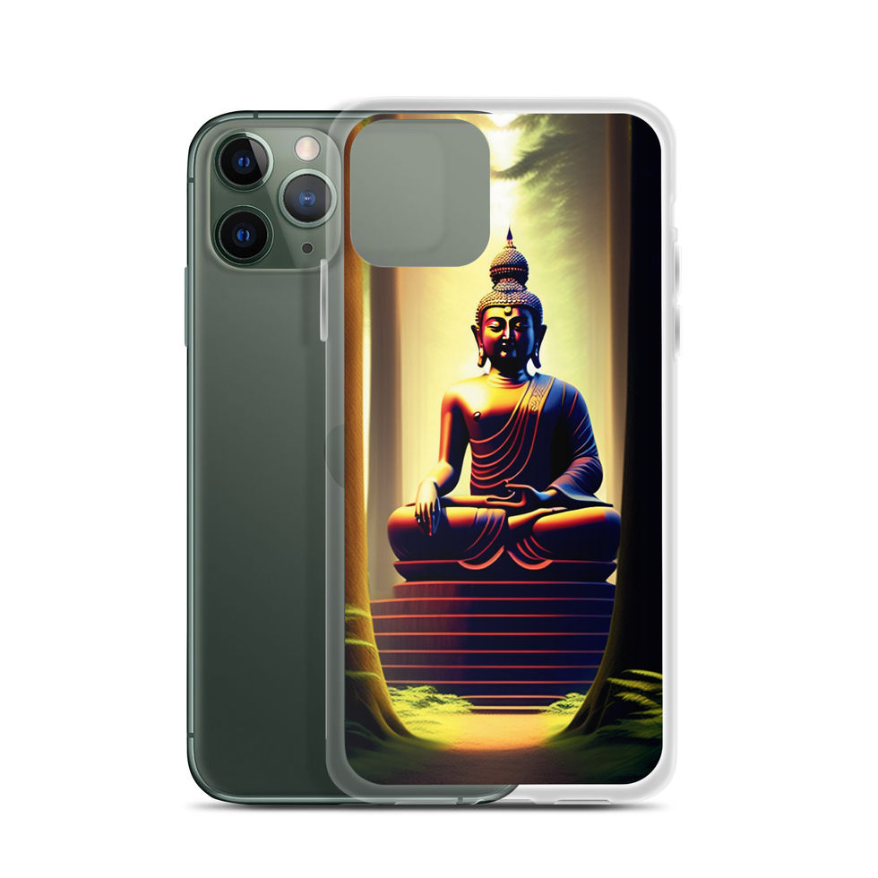 Praying Buddha iPhone clear case, showing dark red steps beneath a seated figure.